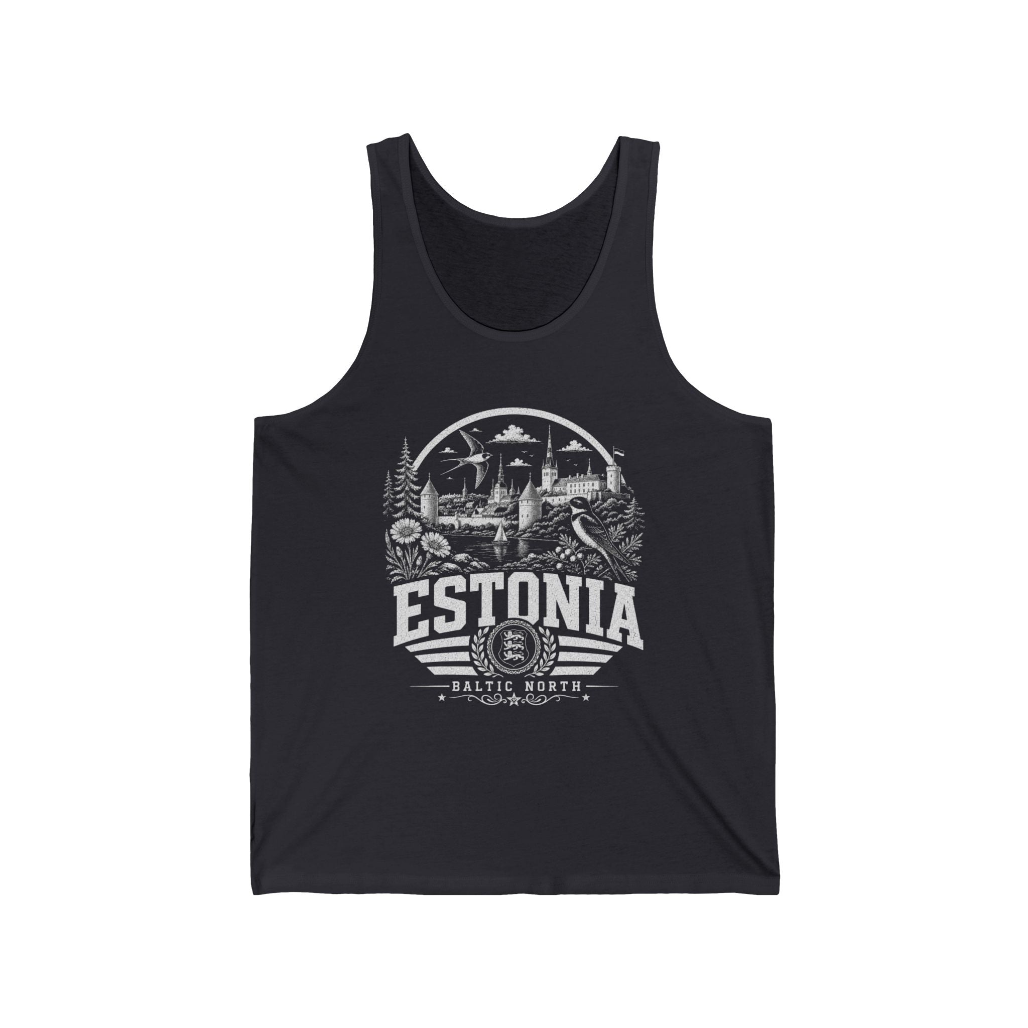 Estonia vintage landmarks men's tank top — iconic landmark design | Nameshi Destinations (view 2)
