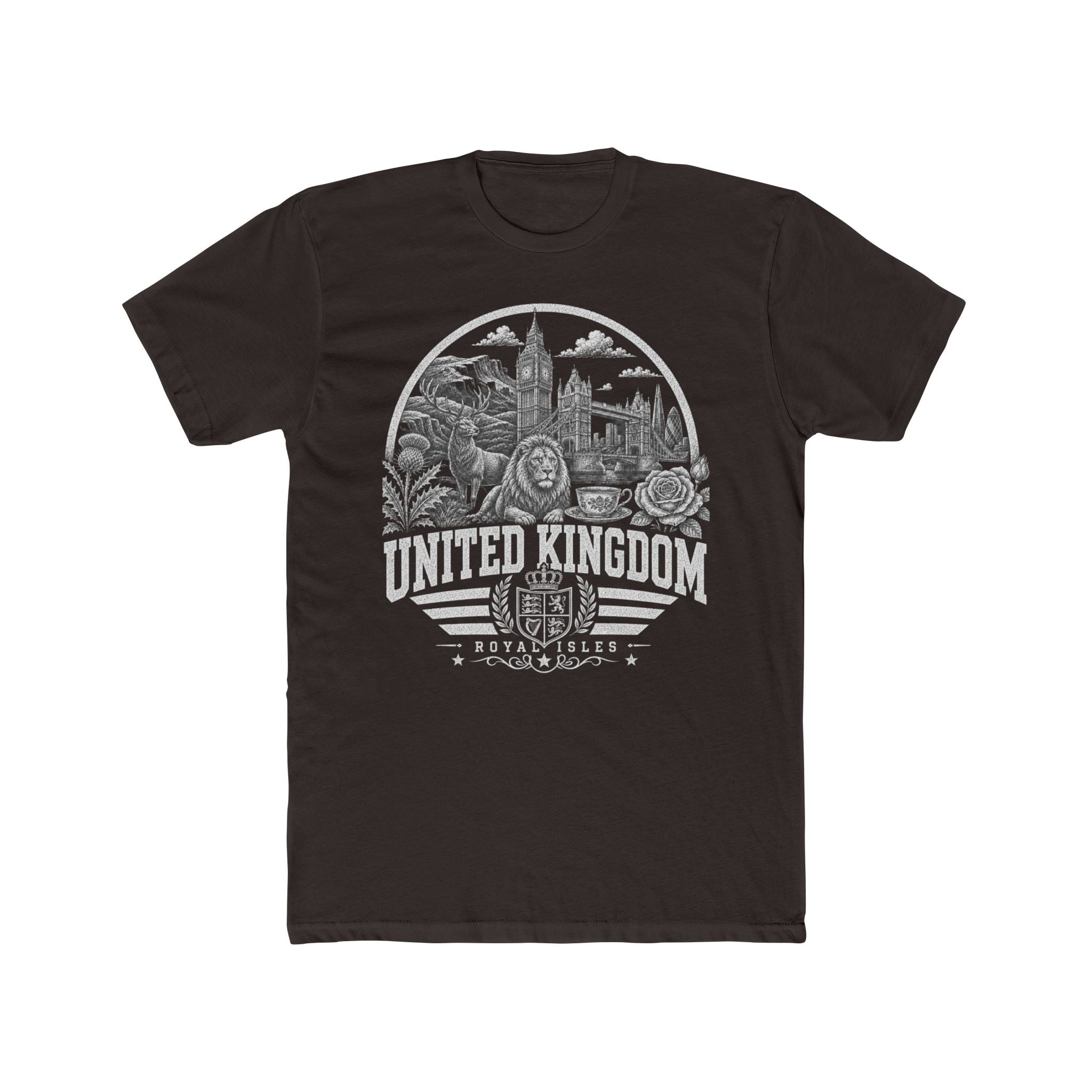 United Kingdom vintage landmarks men's tee — iconic landmark design | Nameshi Destinations (view 1)