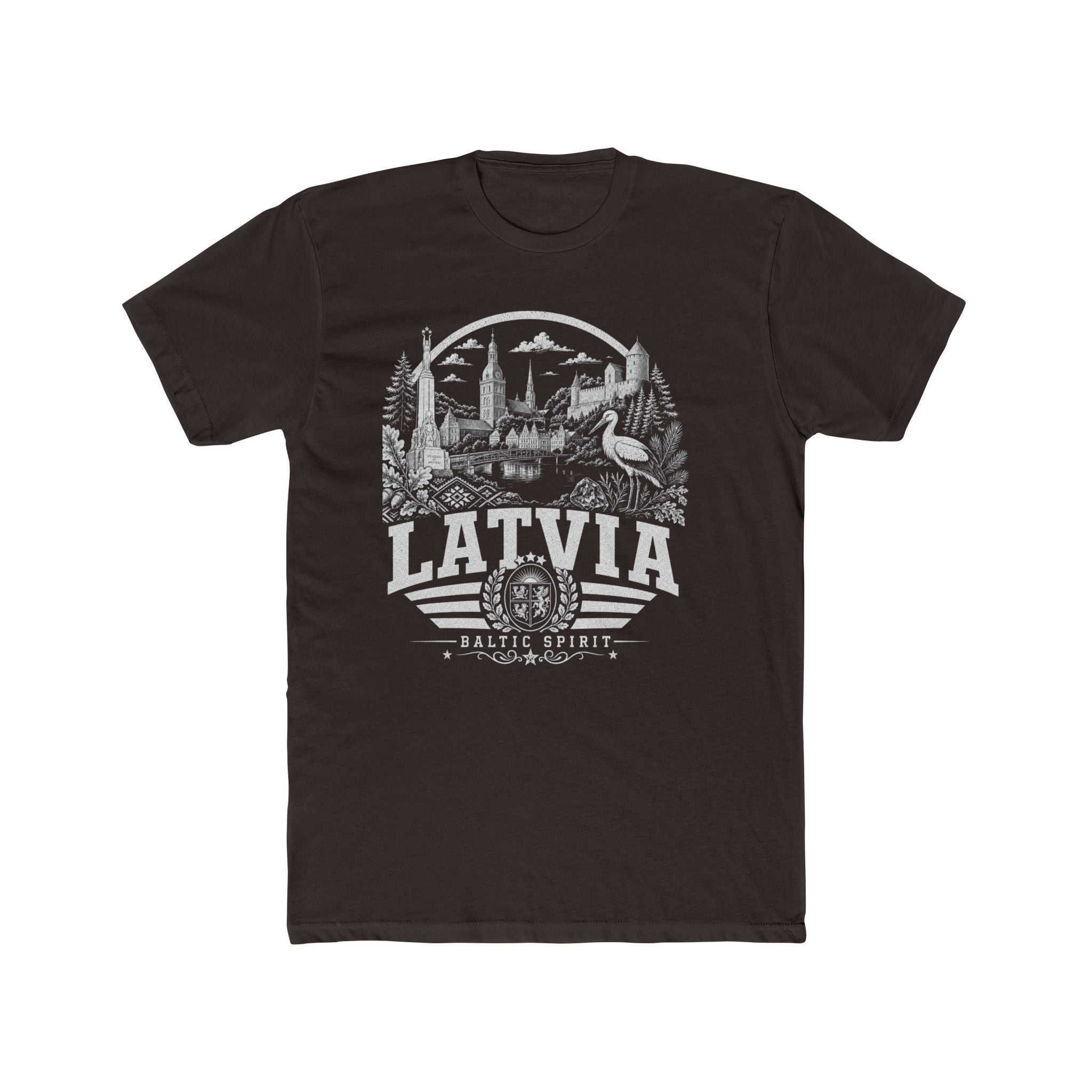 Latvia vintage landmarks men's tee — iconic landmark design | Nameshi Destinations (view 1)
