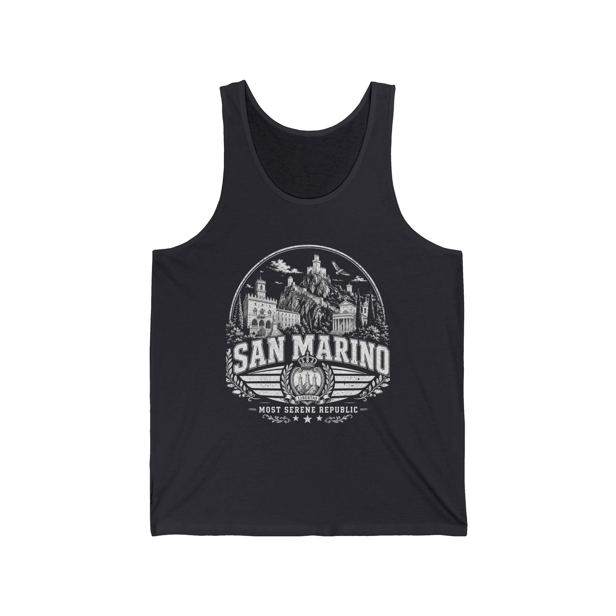 San Marino vintage landmarks men's tank top — iconic landmark design | Nameshi Destinations (view 18)