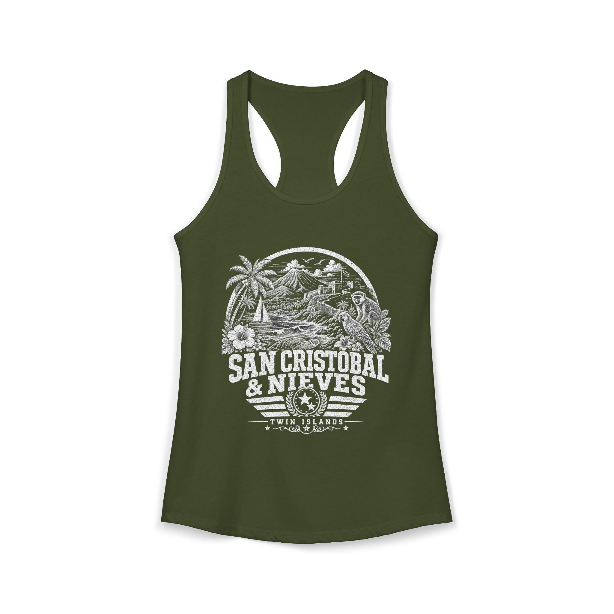 San Cristóbal y Nieves vintage landmarks tank top — iconic landmark design | Nameshi Destinations (view 5)