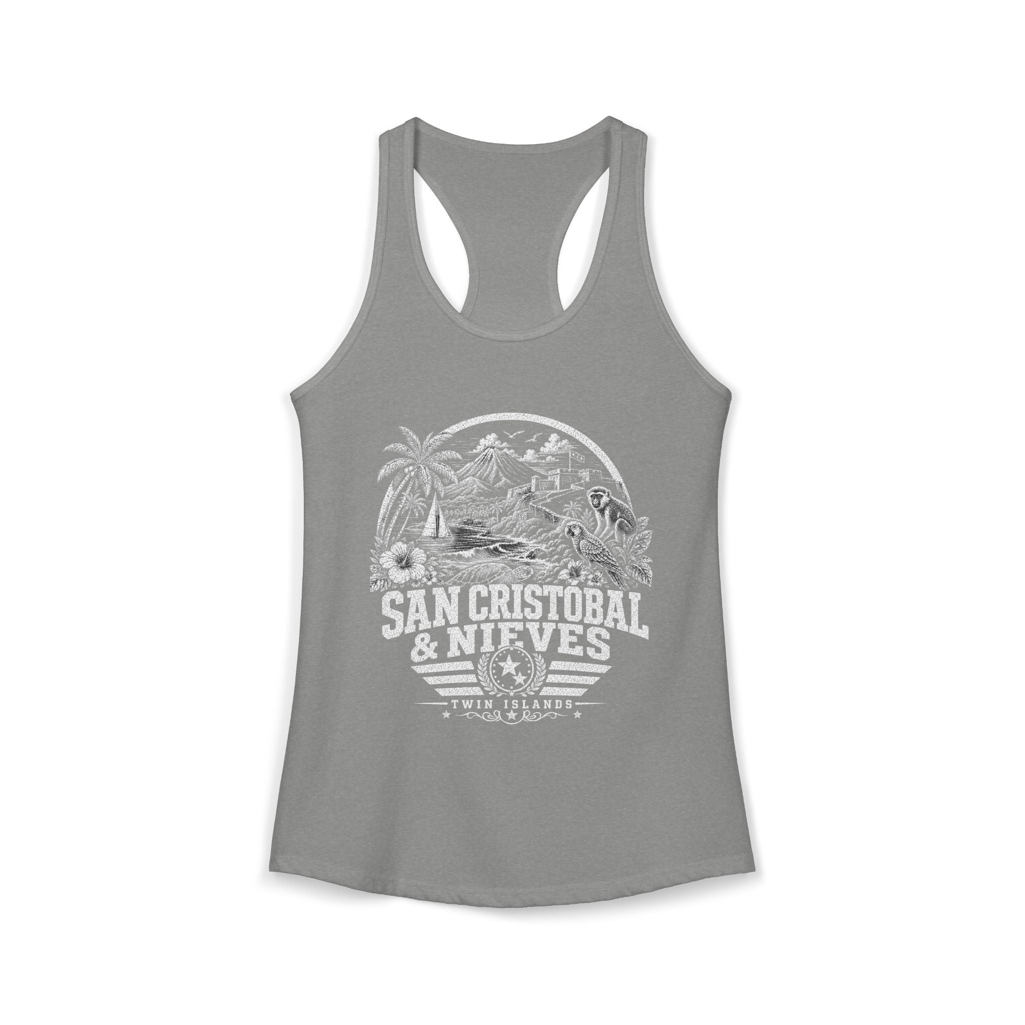 San Cristóbal y Nieves vintage landmarks tank top — iconic landmark design | Nameshi Destinations (view 3)