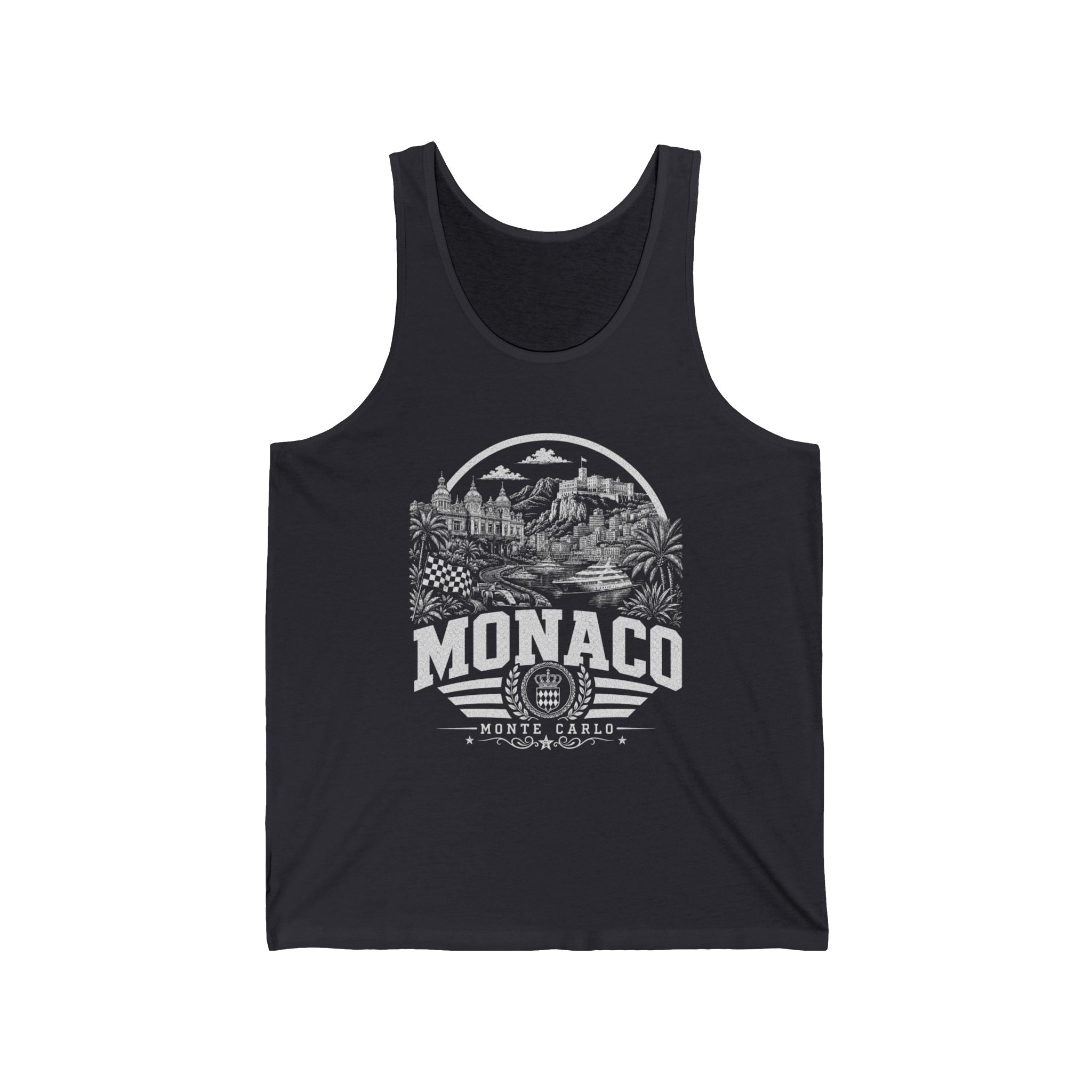 Monaco vintage landmarks men's tank top — iconic landmark design | Nameshi Destinations (view 2)