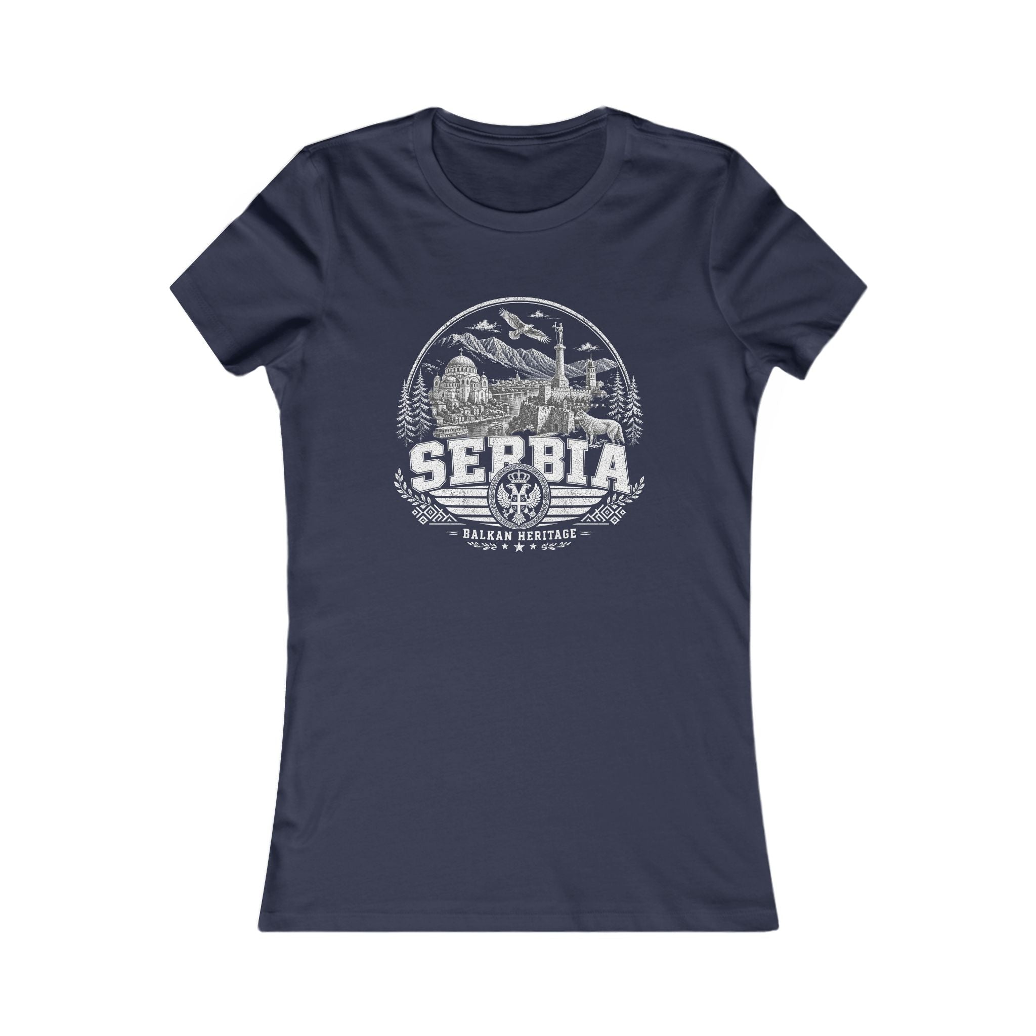 Serbia vintage landmarks women's tee — iconic landmark design | Nameshi Destinations (view 5)