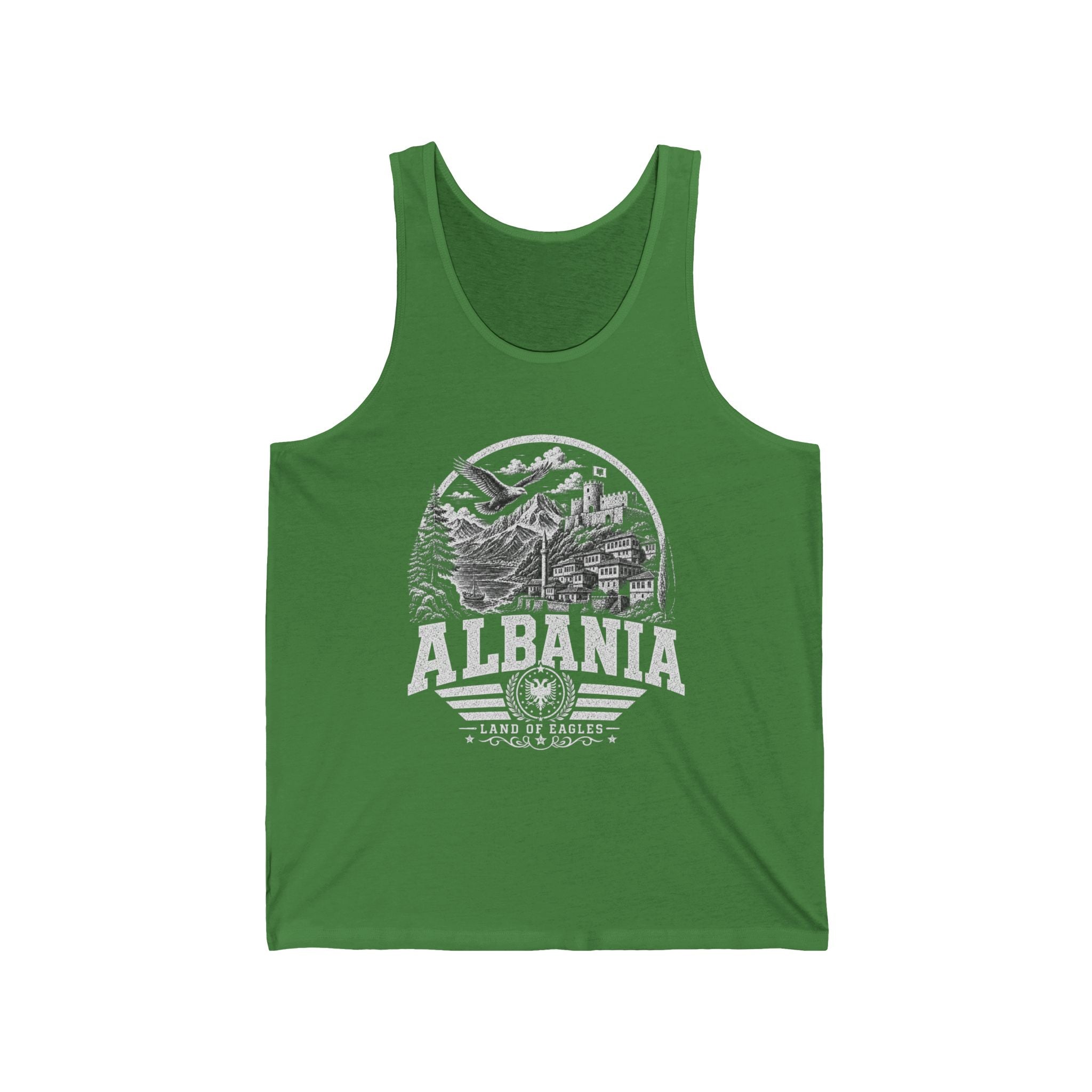 Albania vintage landmarks men's tank top — iconic landmark design | Nameshi Destinations (view 3)