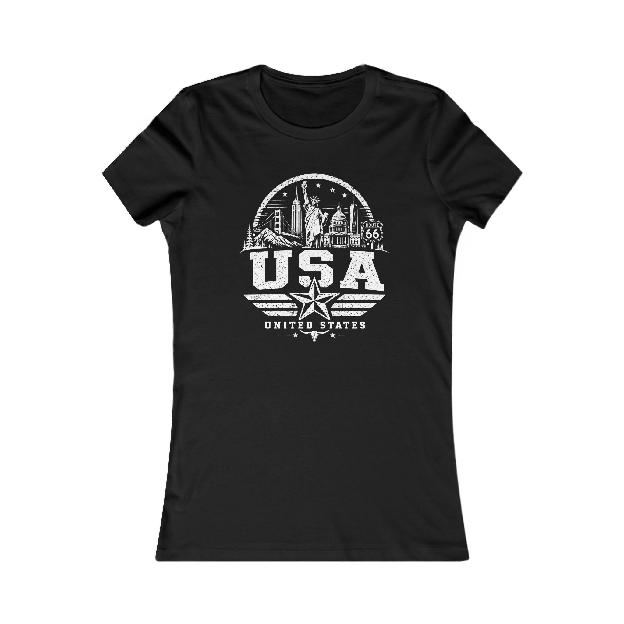 USA vintage landmarks women's tee — iconic landmark design | Nameshi Destinations (view 1)