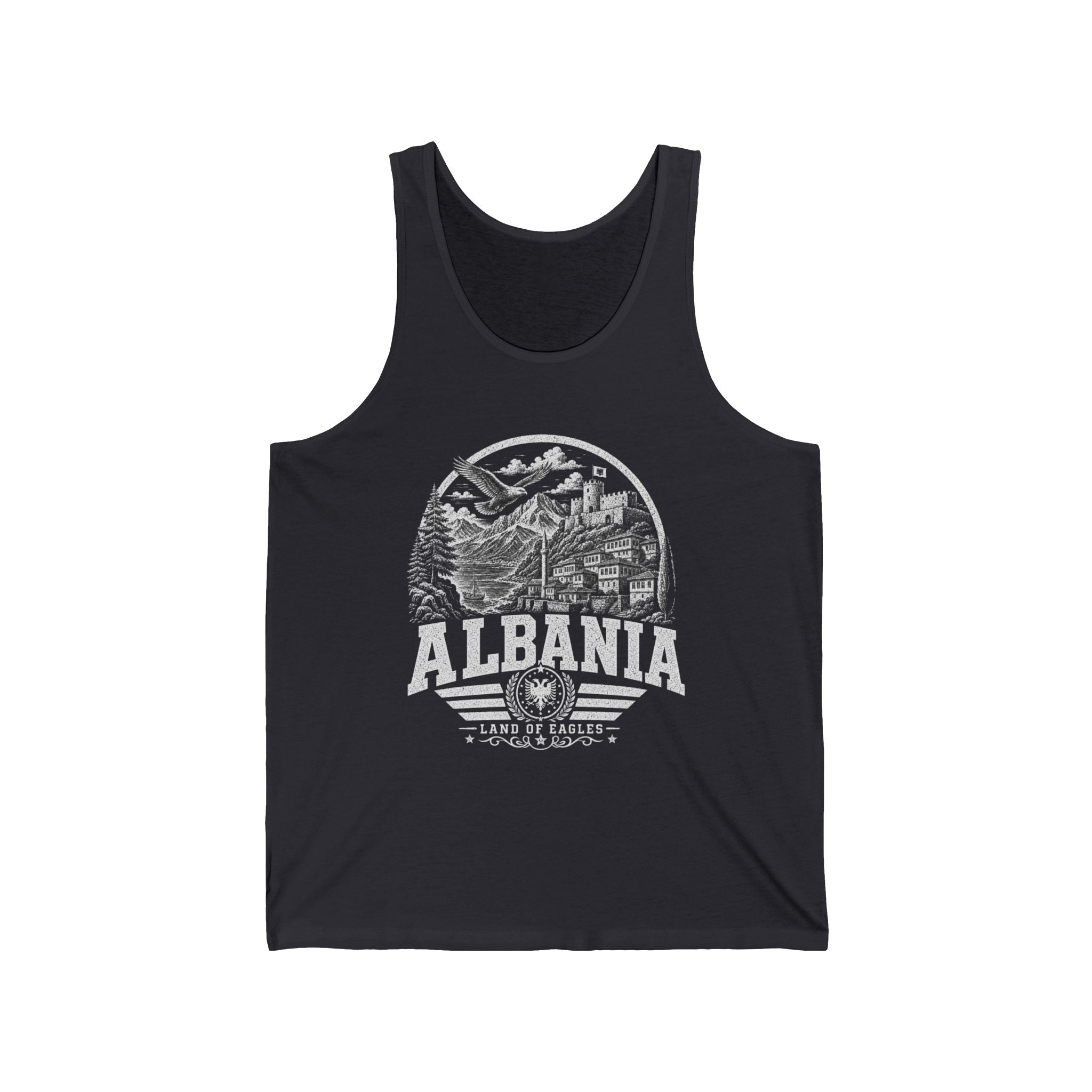 Albania vintage landmarks men's tank top — iconic landmark design | Nameshi Destinations (view 1)