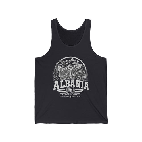 Albania vintage landmarks men's tank top — iconic landmark design | Nameshi Destinations (view 1)