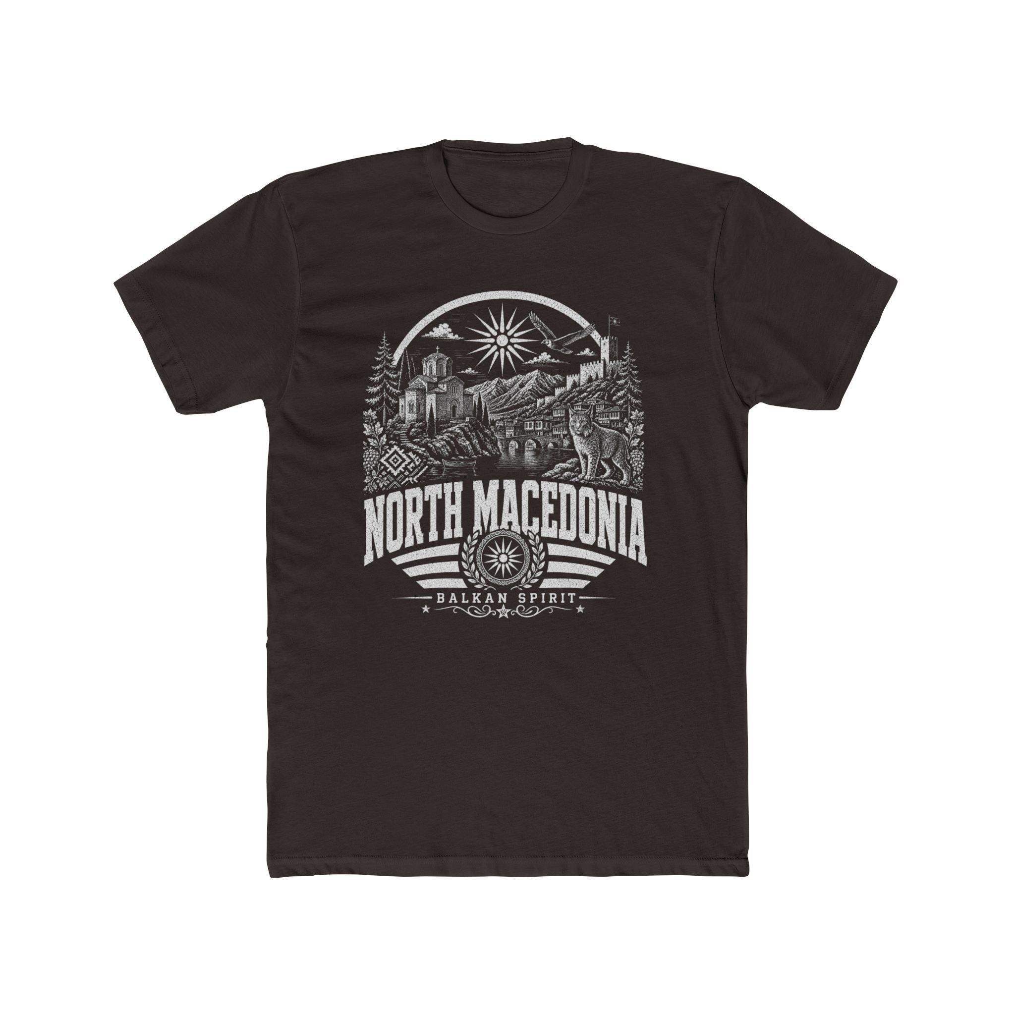 North Macedonia vintage landmarks men's tee — iconic landmark design | Nameshi Destinations (view 1)