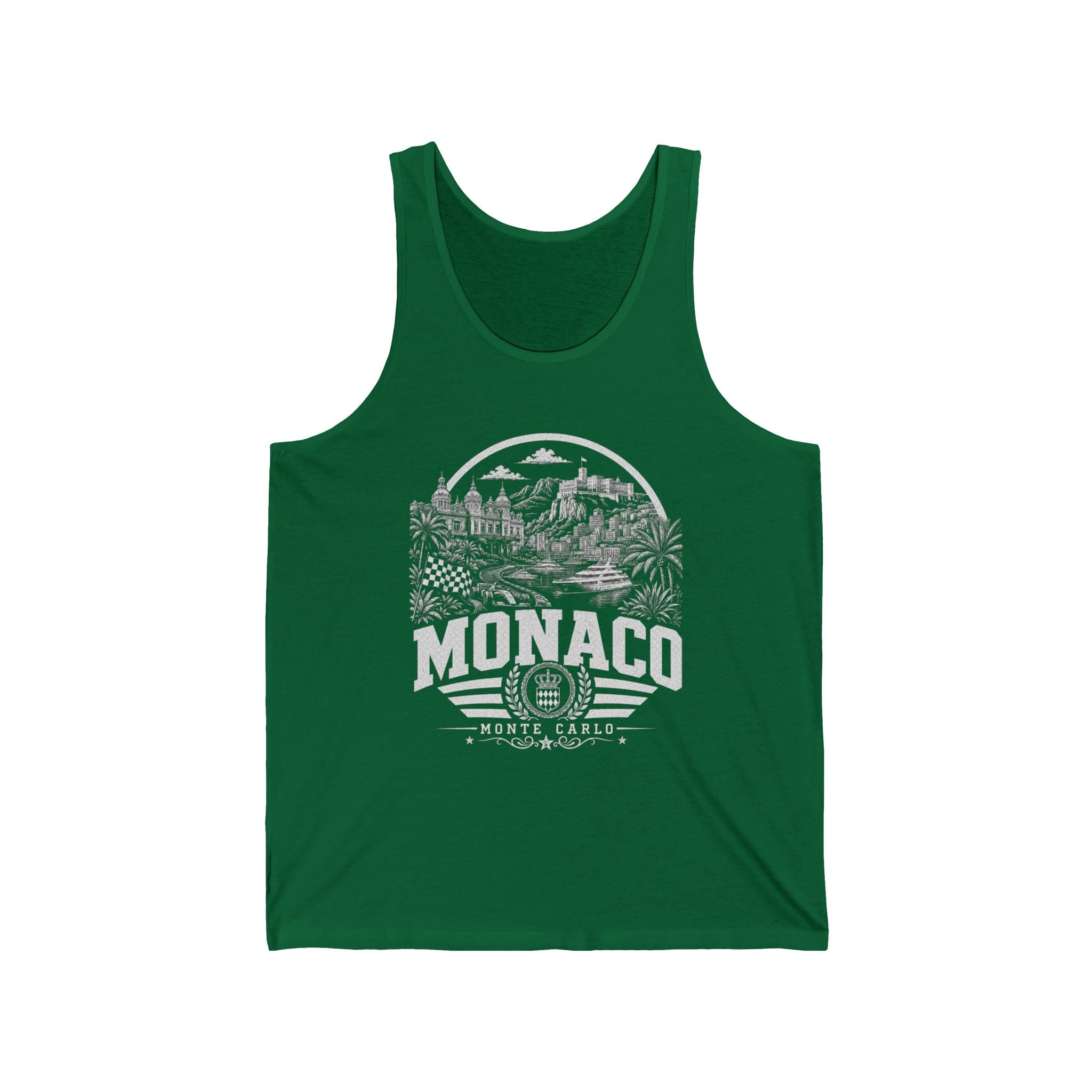 Monaco vintage landmarks men's tank top — iconic landmark design | Nameshi Destinations (view 4)