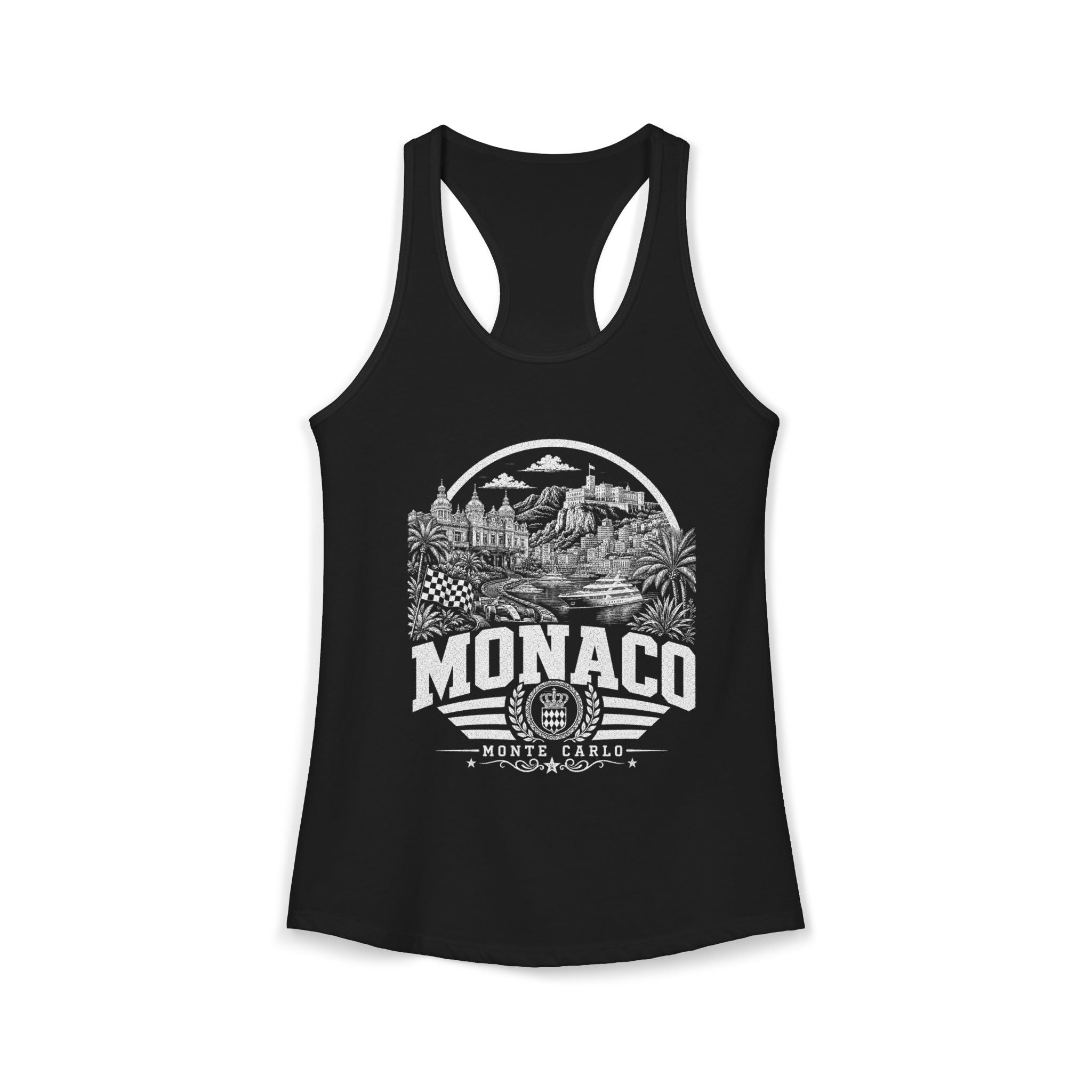 Monaco vintage landmarks tank top — iconic landmark design | Nameshi Destinations (view 2)