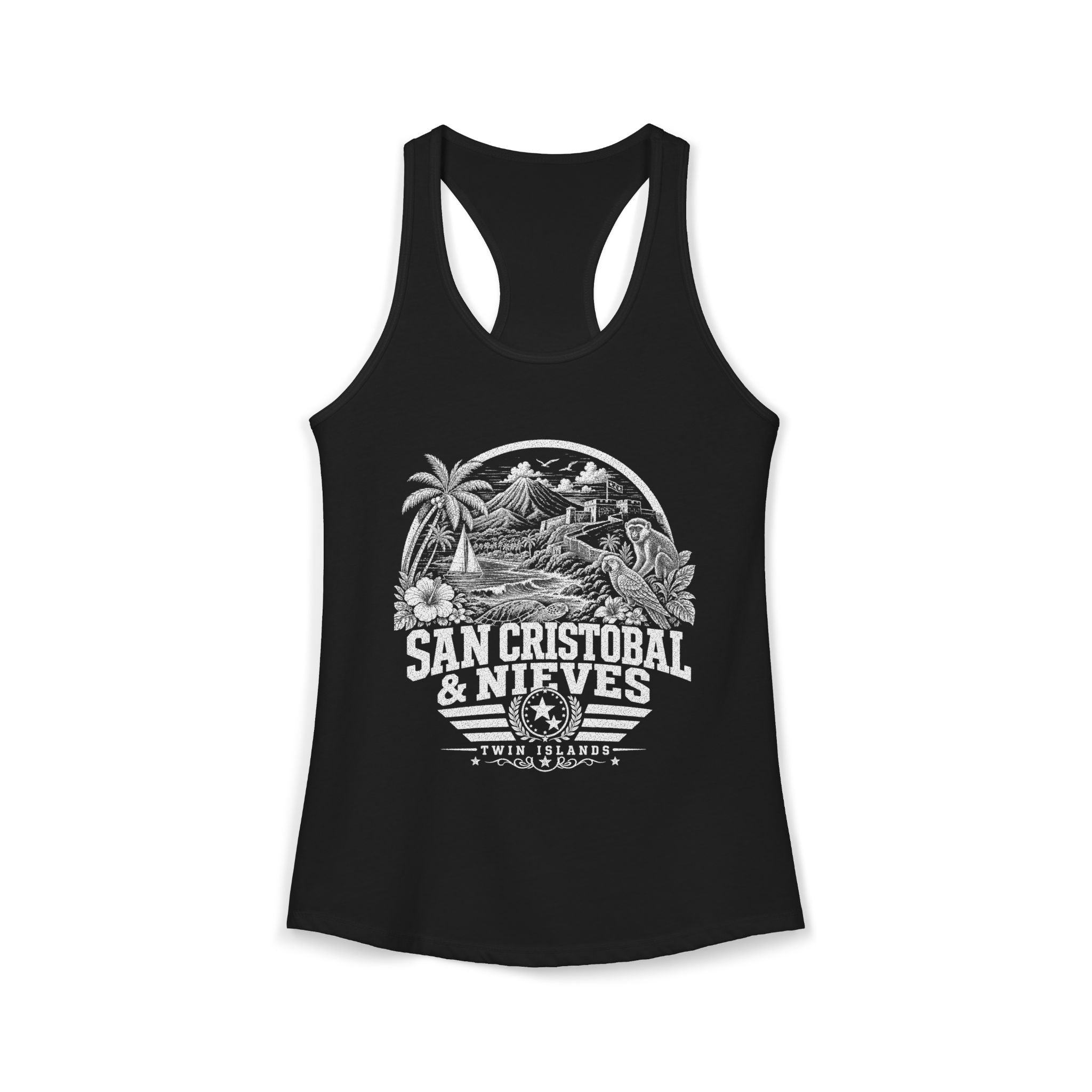 San Cristóbal y Nieves vintage landmarks tank top — iconic landmark design | Nameshi Destinations (view 2)