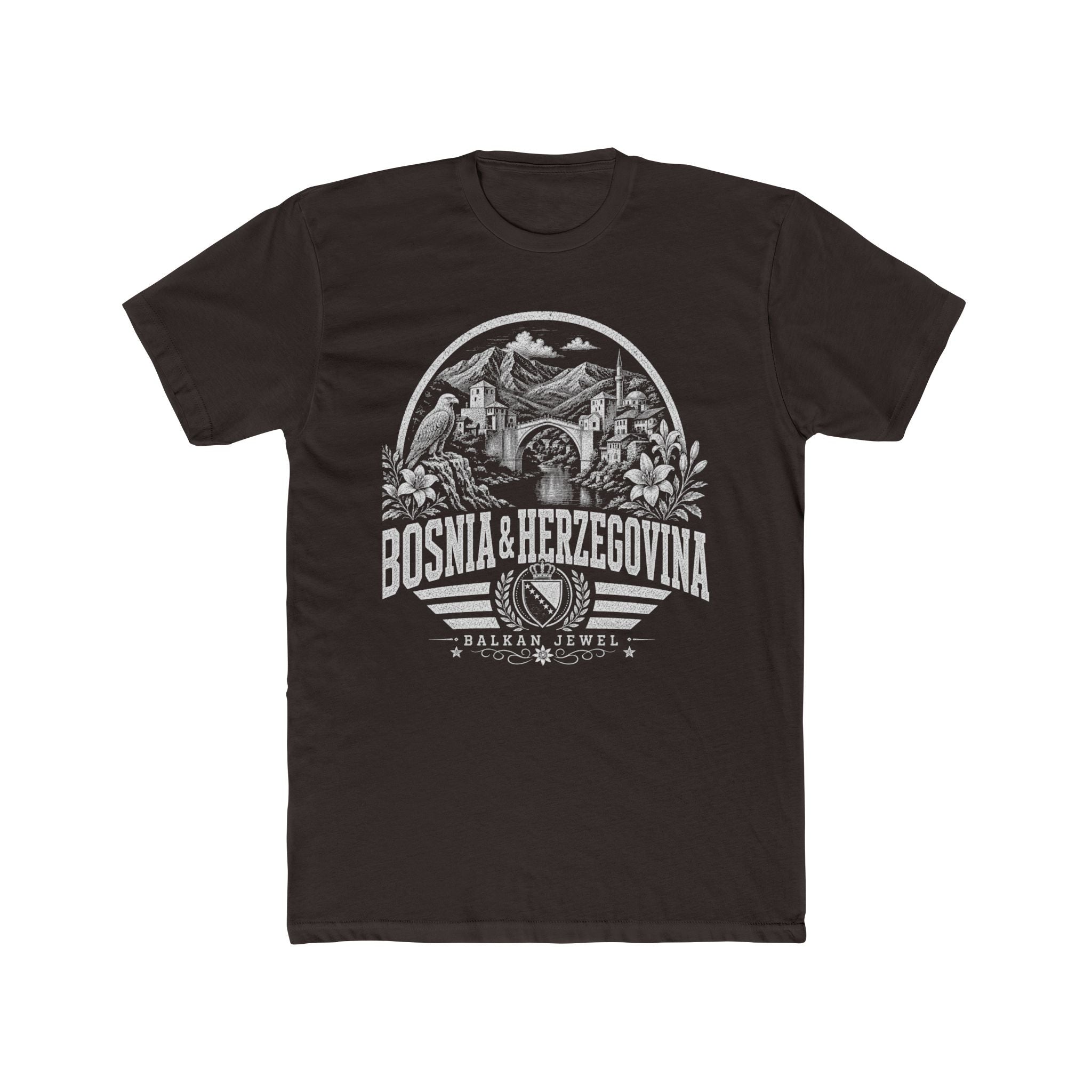 Bosnia y Herzegovina vintage landmarks men's tee — iconic landmark design | Nameshi Destinations (view 1)