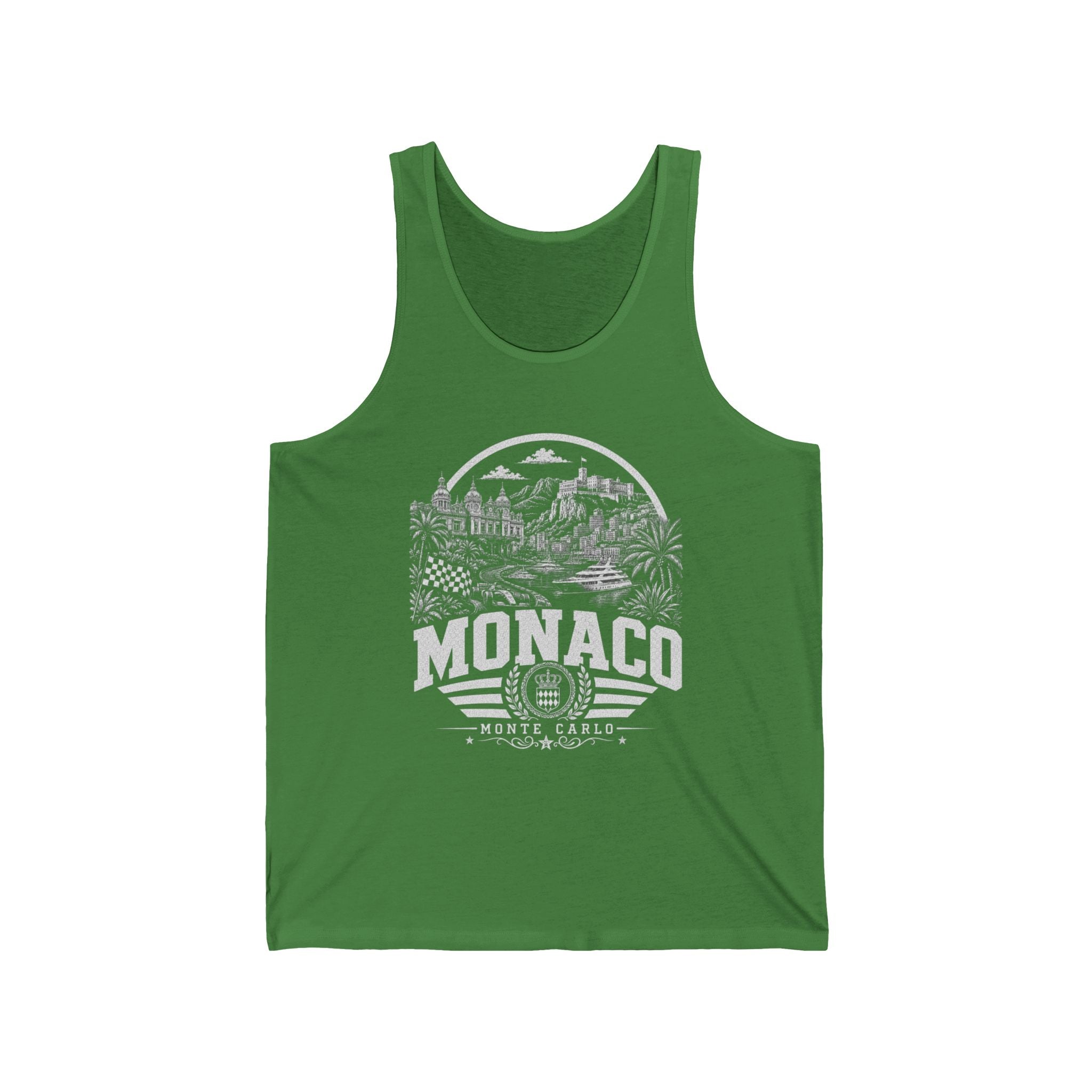 Monaco vintage landmarks men's tank top — iconic landmark design | Nameshi Destinations (view 3)
