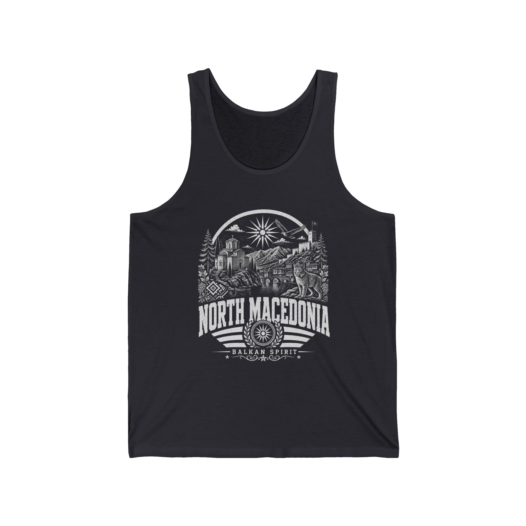 North Macedonia vintage landmarks men's tank top — iconic landmark design | Nameshi Destinations (view 18)