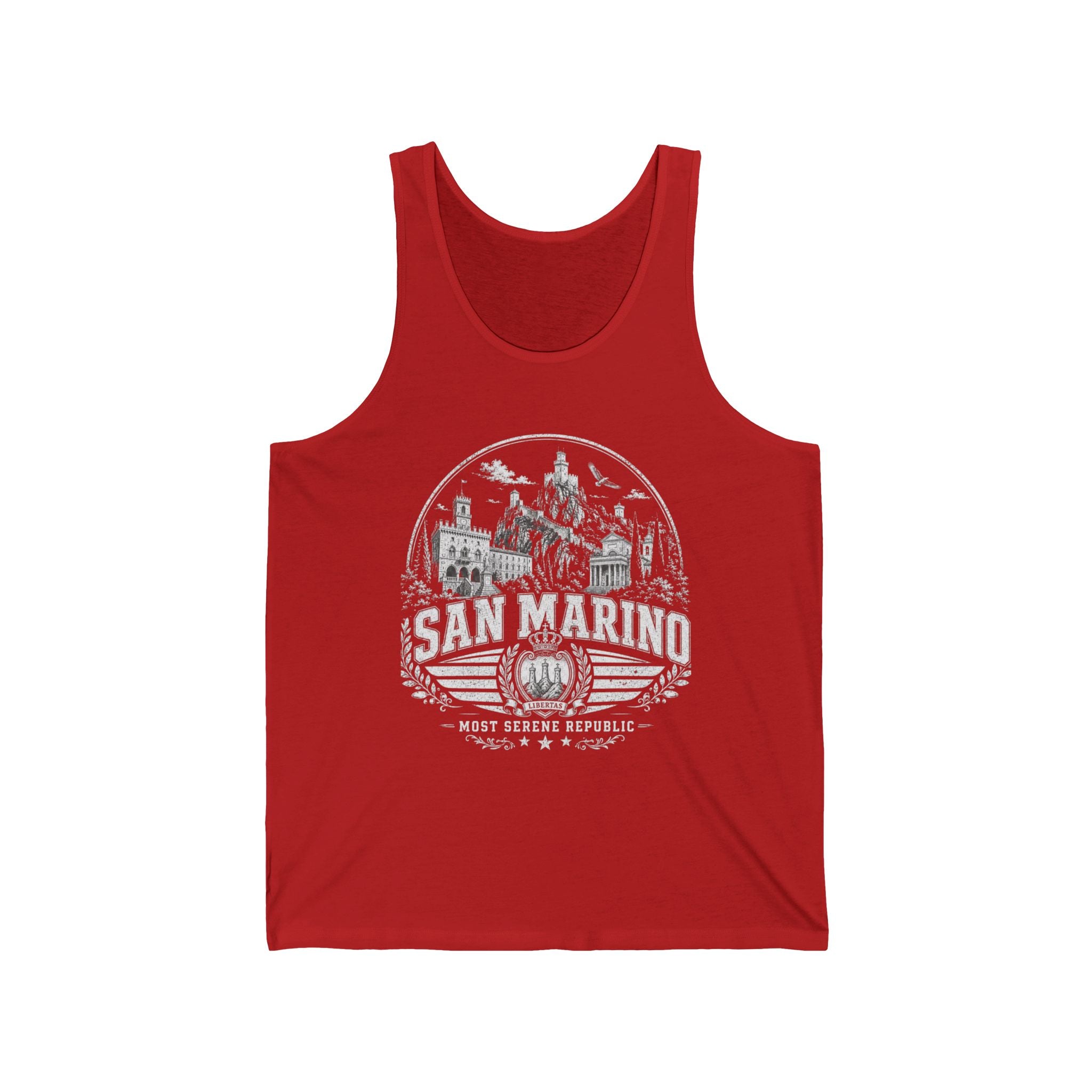 San Marino vintage landmarks men's tank top — iconic landmark design | Nameshi Destinations (view 24)