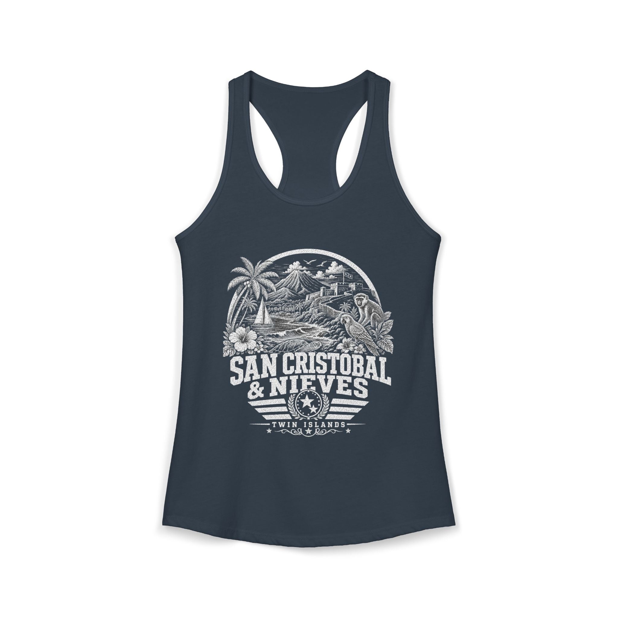 San Cristóbal y Nieves vintage landmarks tank top — iconic landmark design | Nameshi Destinations (view 9)
