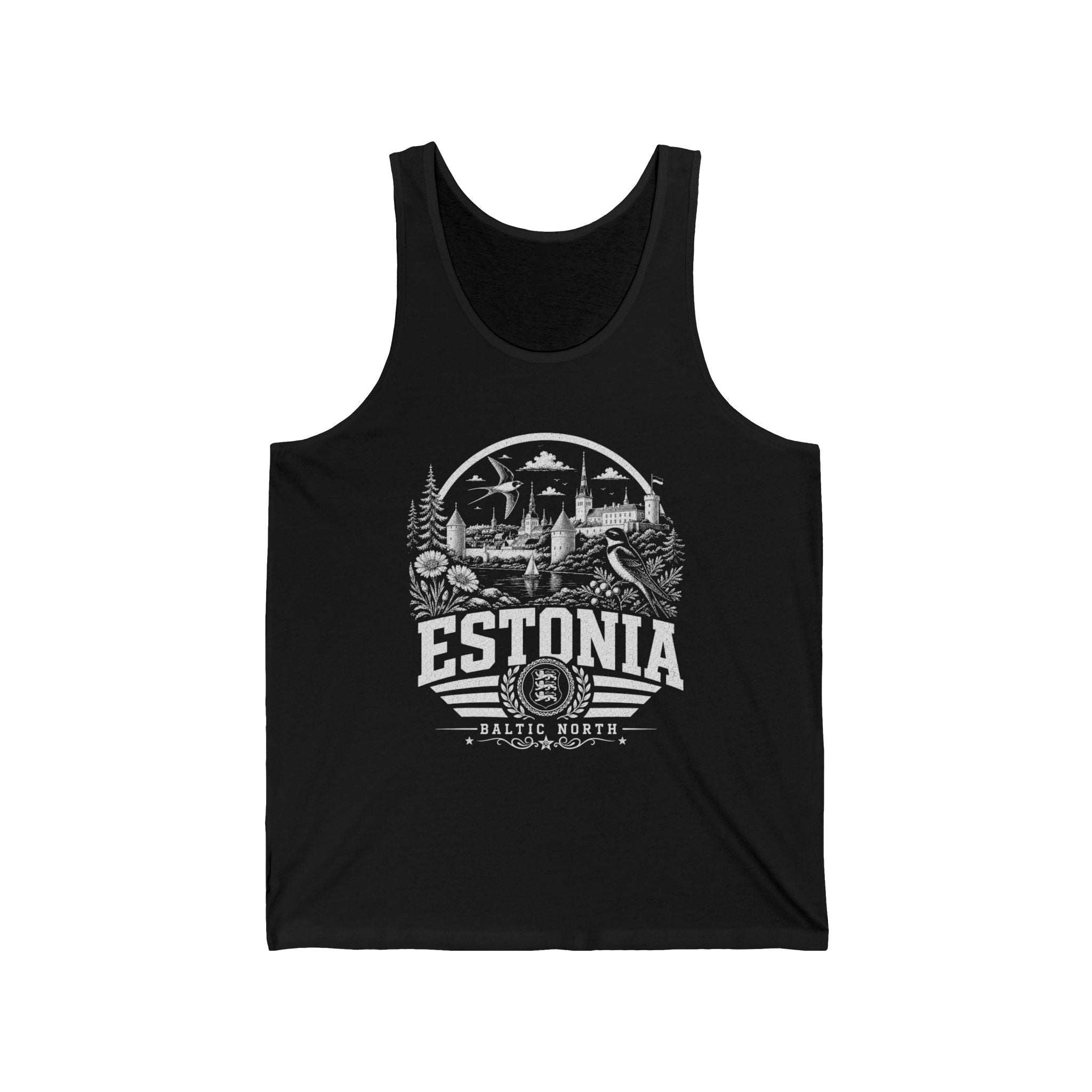 Estonia vintage landmarks men's tank top — iconic landmark design | Nameshi Destinations (view 1)