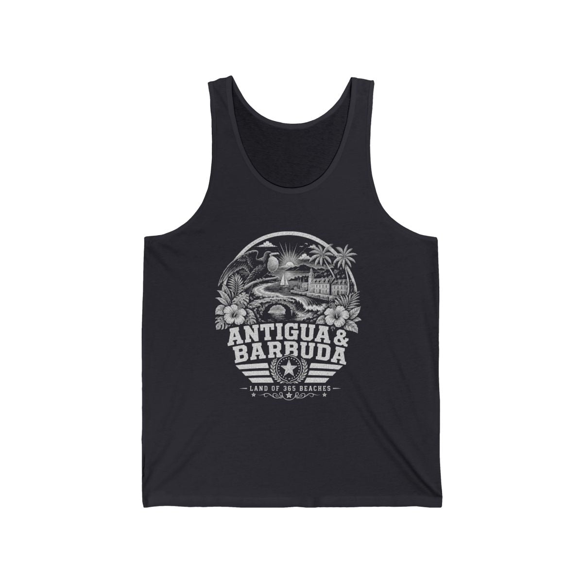 Antigua y Barbuda vintage landmarks men's tank top — iconic landmark design | Nameshi Destinations (view 2)