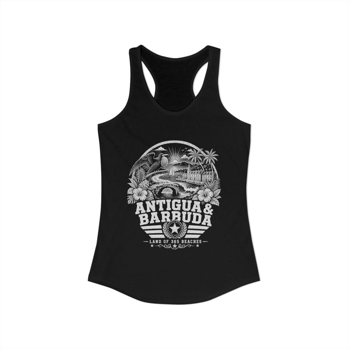Antigua y Barbuda vintage landmarks tank top — iconic landmark design | Nameshi Destinations (view 2)