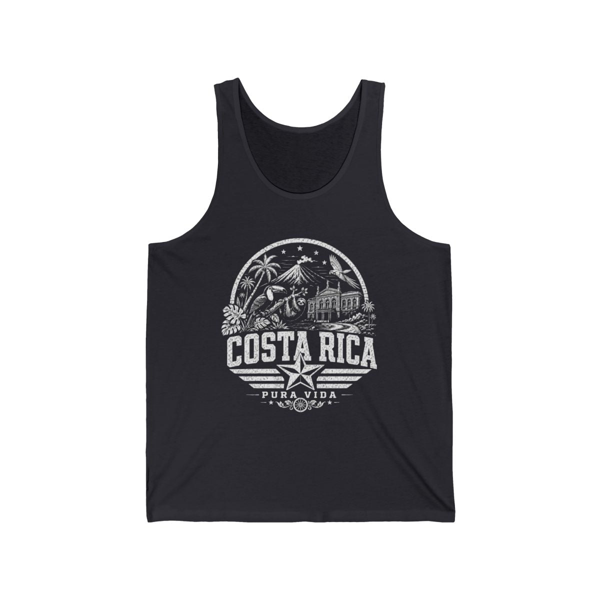 Costa Rica vintage landmarks men's tee — iconic landmark design | Nameshi Destinations (view 2)