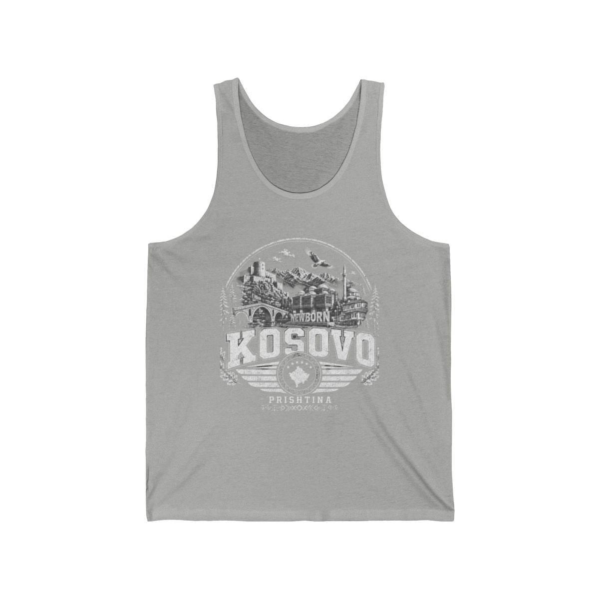 Kosovo vintage landmarks men's tank top — iconic landmark design | Nameshi Destinations (view 1)