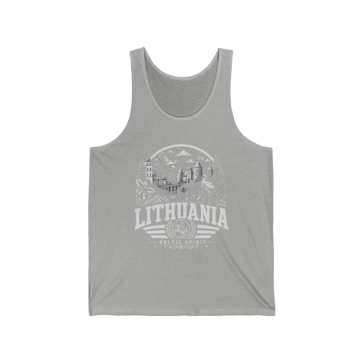 Lithuania vintage landmarks men's tank top — iconic landmark design | Nameshi Destinations (view 1)