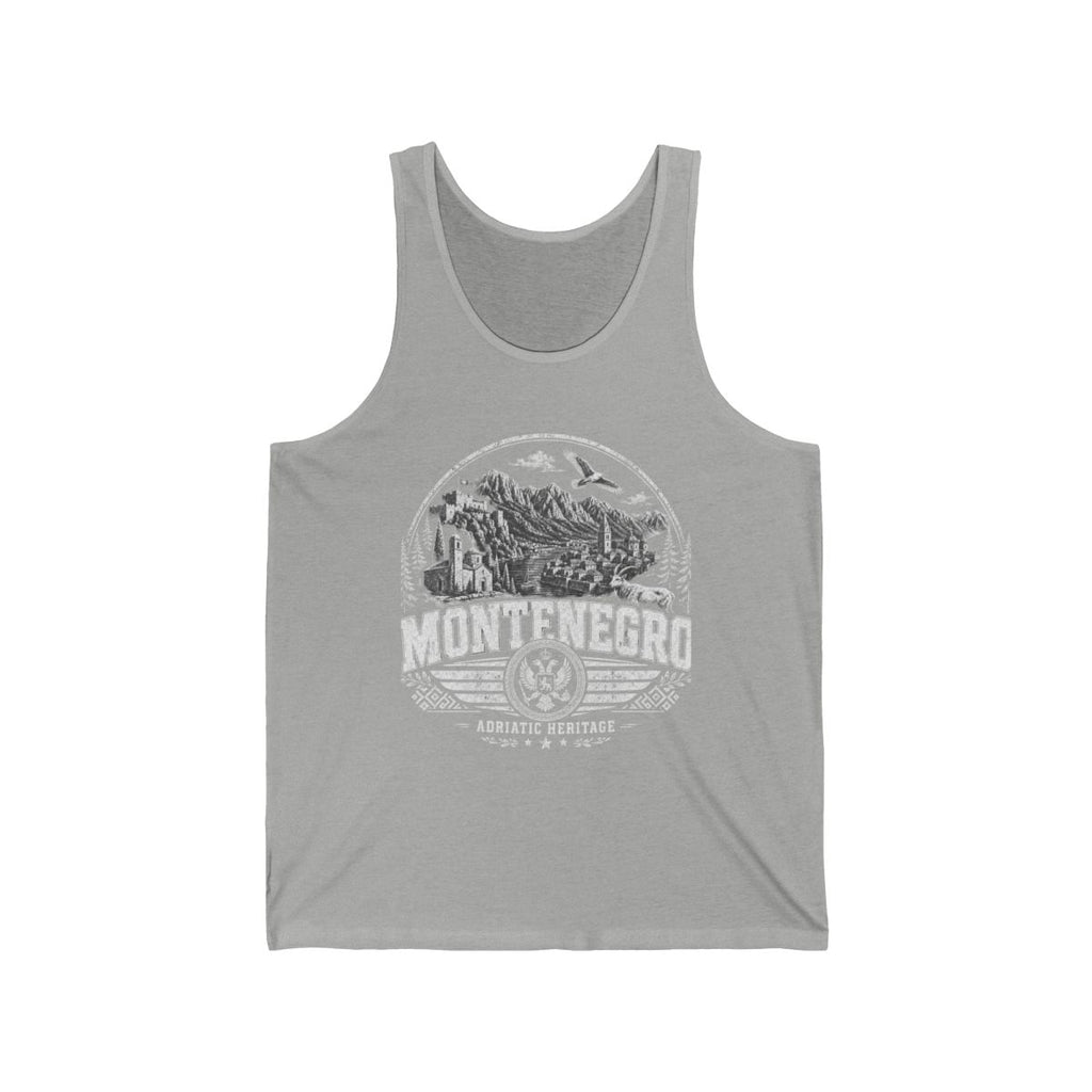 Montenegro vintage landmarks men's tank top — iconic landmark design | Nameshi Destinations (view 1)