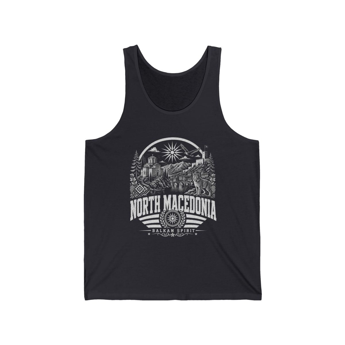 North Macedonia vintage landmarks men's tank top — iconic landmark design | Nameshi Destinations (view 5)