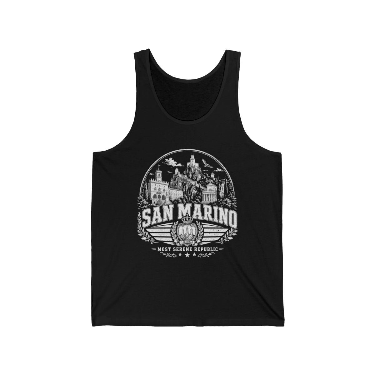 San Marino vintage landmarks men's tank top — iconic landmark design | Nameshi Destinations (view 3)