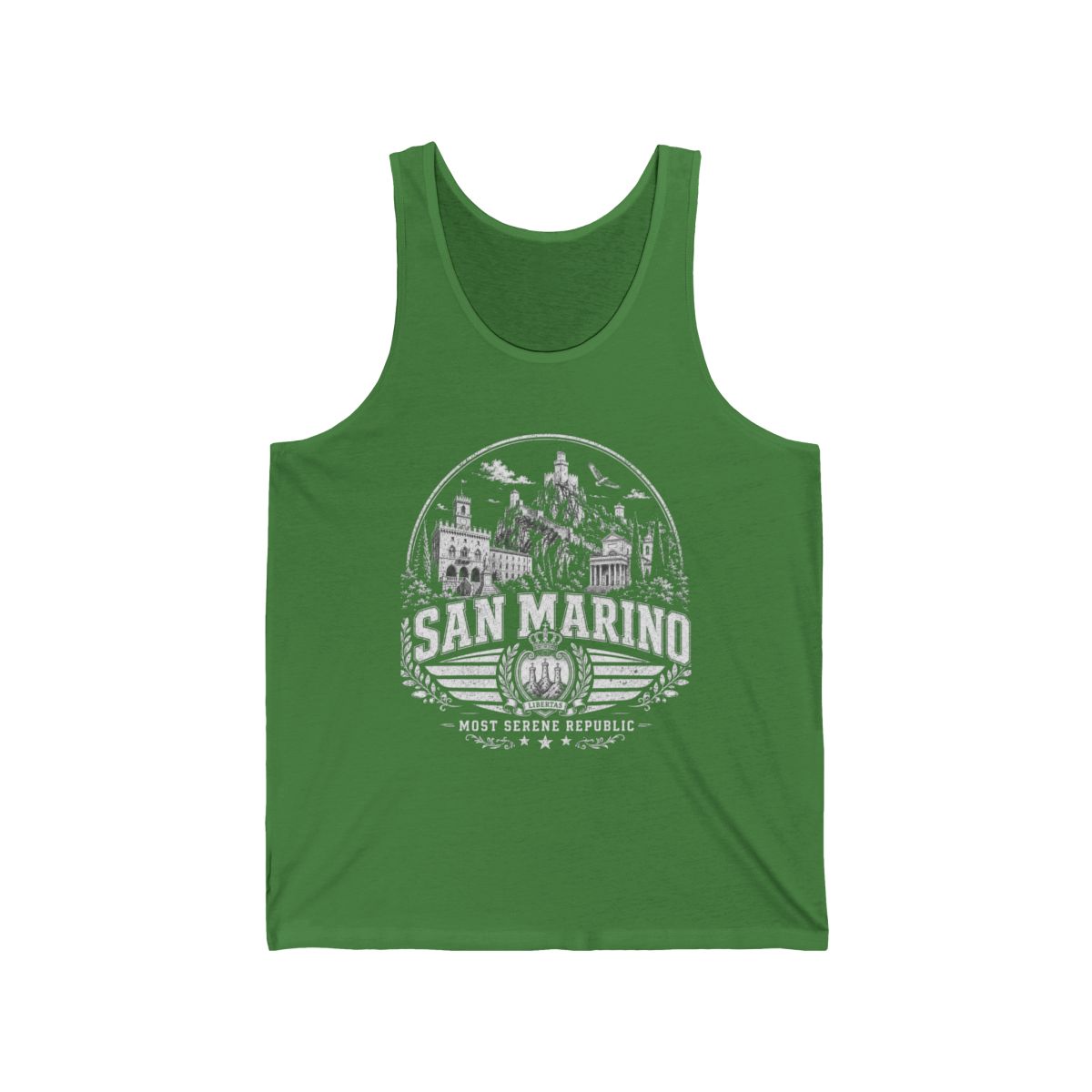 San Marino vintage landmarks men's tank top — iconic landmark design | Nameshi Destinations (view 9)