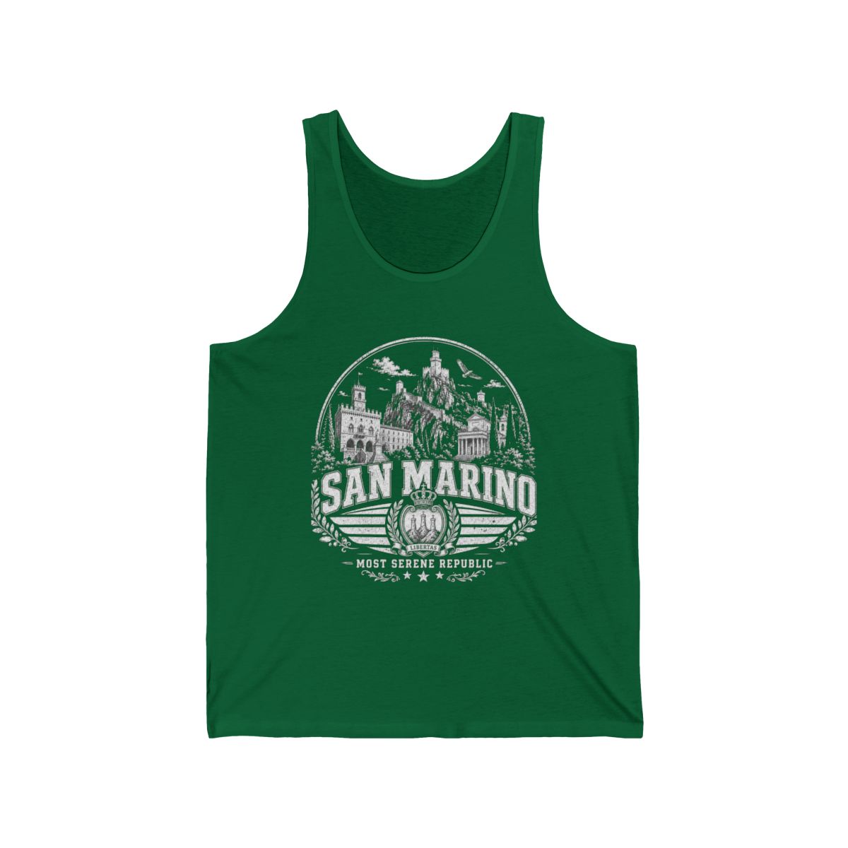 San Marino vintage landmarks men's tank top — iconic landmark design | Nameshi Destinations (view 7)