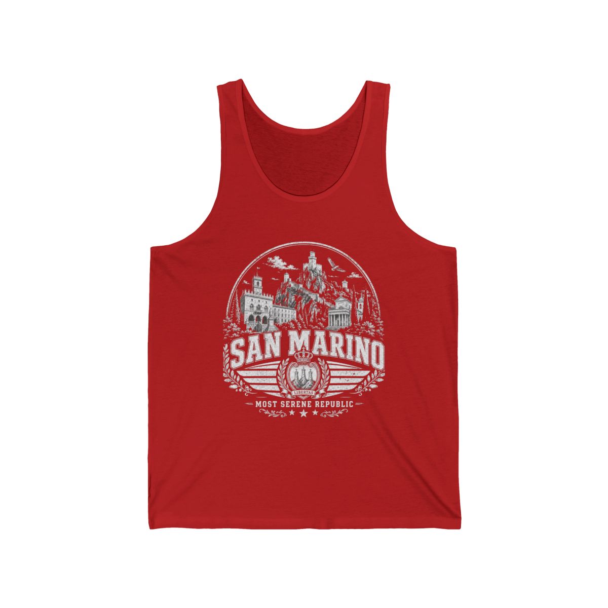San Marino vintage landmarks men's tank top — iconic landmark design | Nameshi Destinations (view 11)