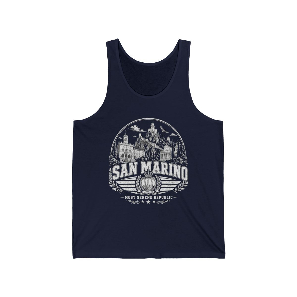 San Marino vintage landmarks men's tank top — iconic landmark design | Nameshi Destinations (view 15)