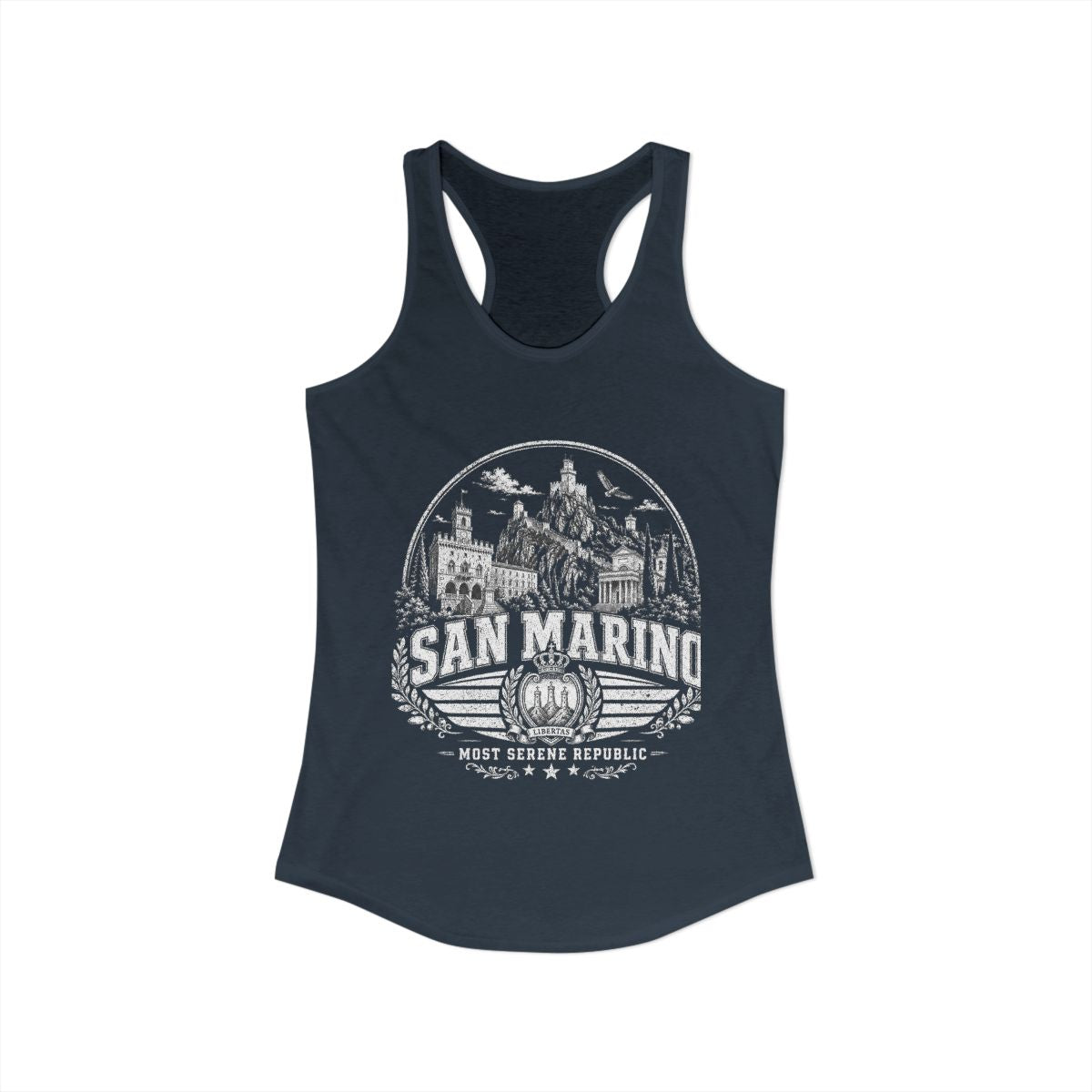 San Marino vintage landmarks tank top — iconic landmark design | Nameshi Destinations (view 5)