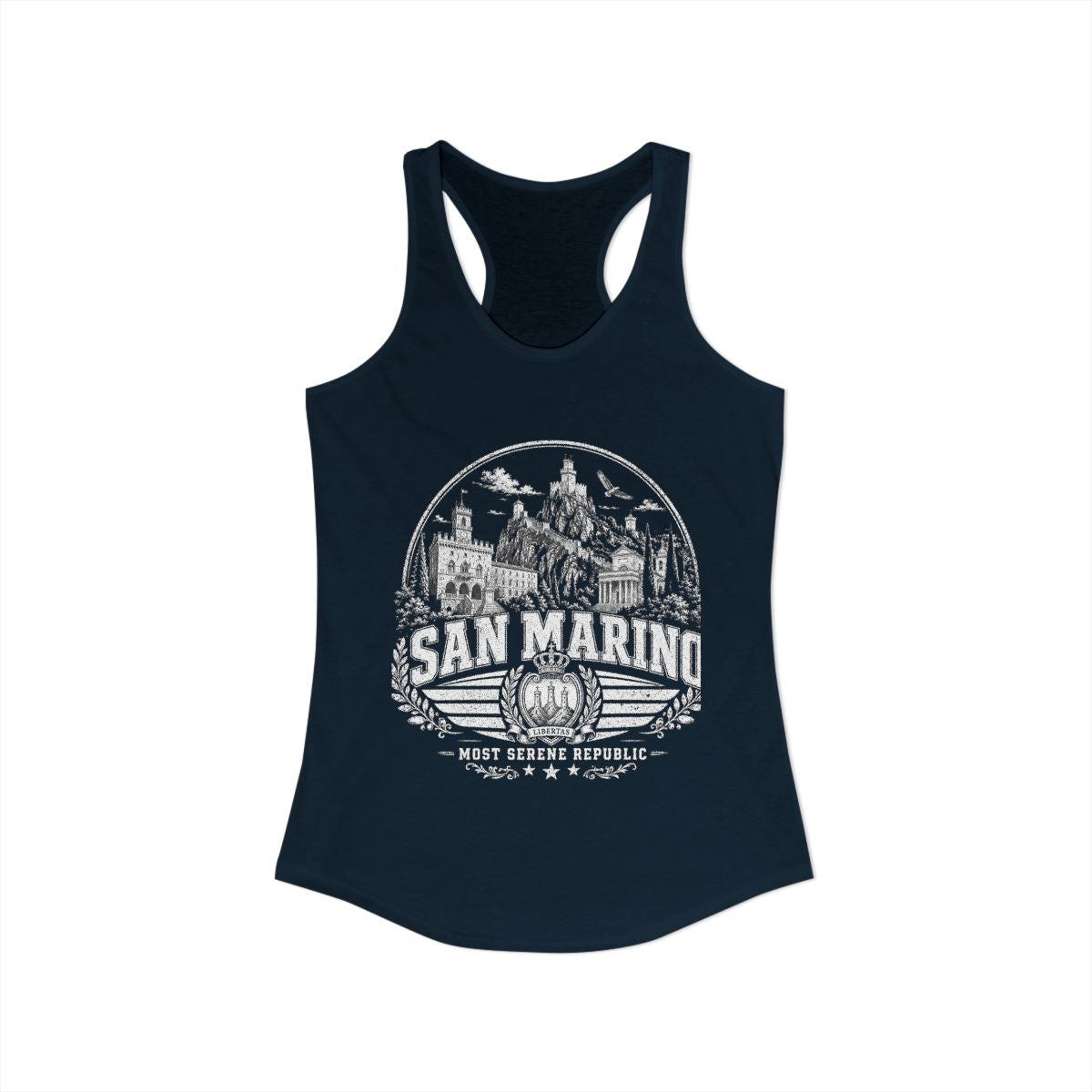 San Marino vintage landmarks tank top — iconic landmark design | Nameshi Destinations (view 9)