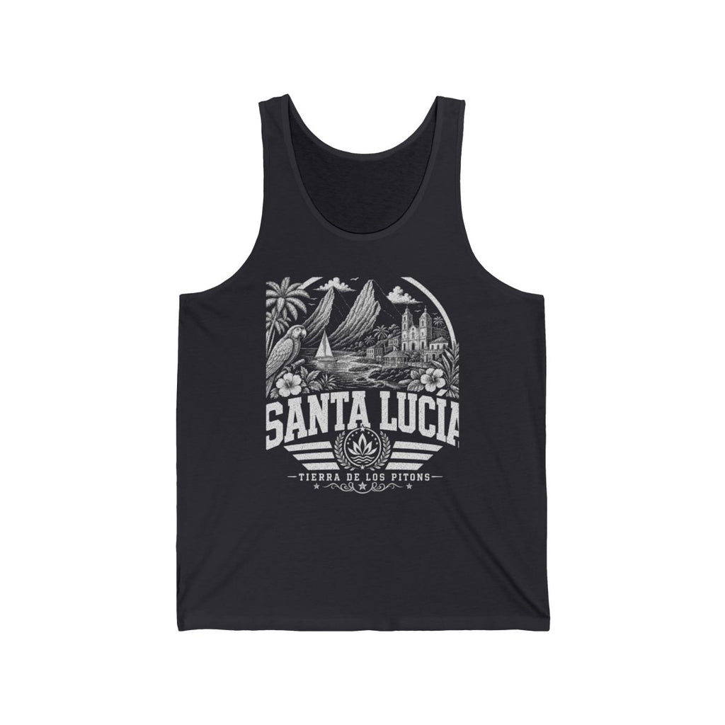 Santa Lucía vintage landmarks men's tank top — iconic landmark design | Nameshi Destinations (view 5)