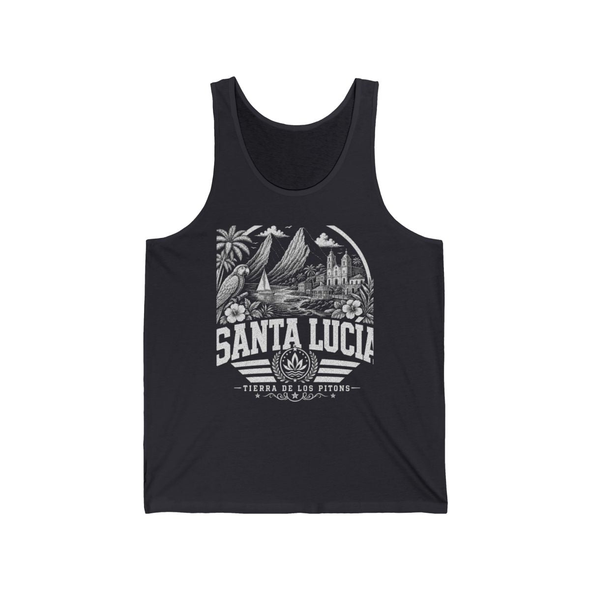 Santa Lucía vintage landmarks men's tank top — iconic landmark design | Nameshi Destinations (view 5)