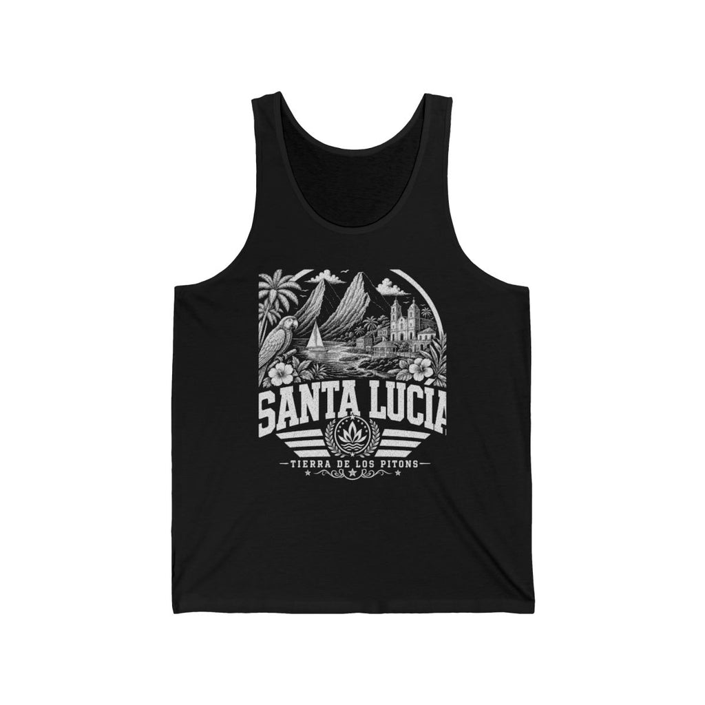 Santa Lucía vintage landmarks men's tank top — iconic landmark design | Nameshi Destinations (view 3)