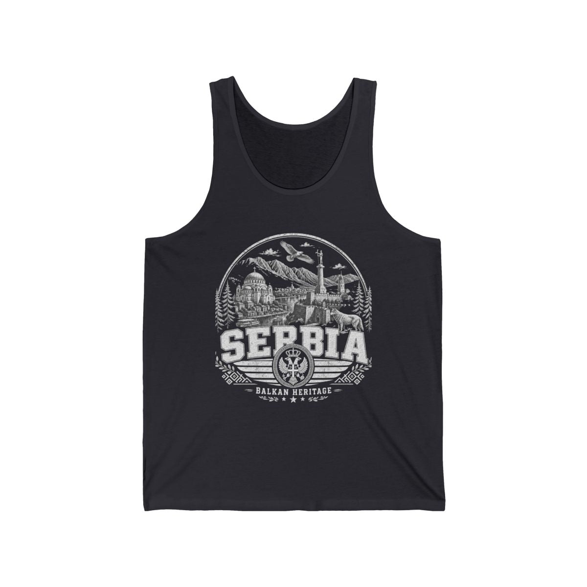 Serbia vintage landmarks men's tank top — iconic landmark design | Nameshi Destinations (view 5)