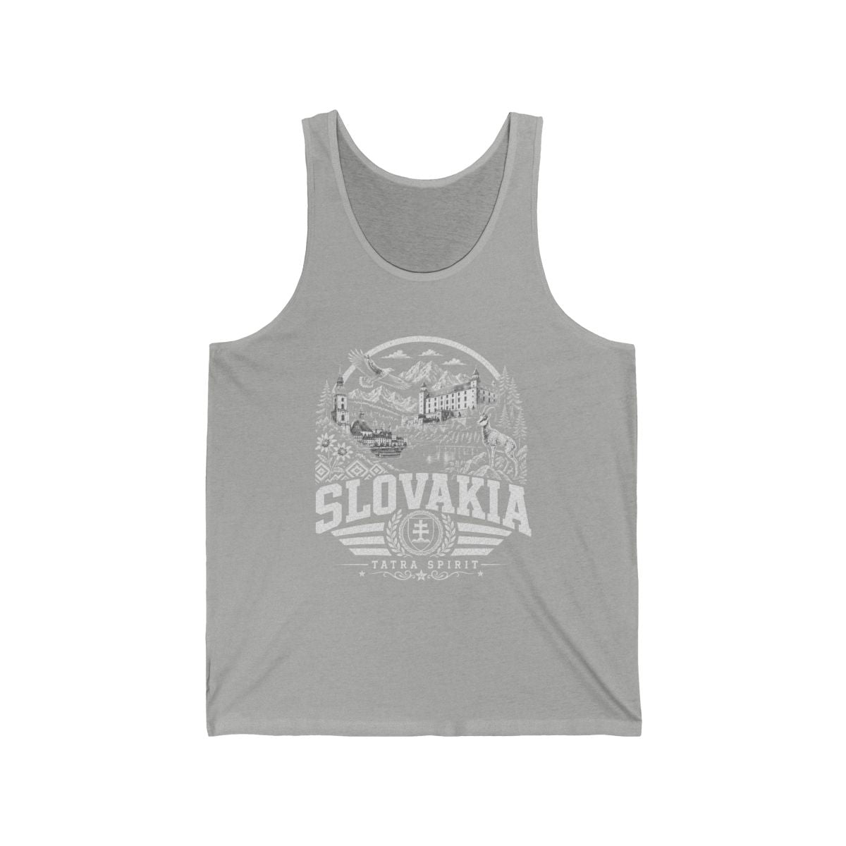 Slovakia vintage landmarks men's tank top — iconic landmark design | Nameshi Destinations (view 1)