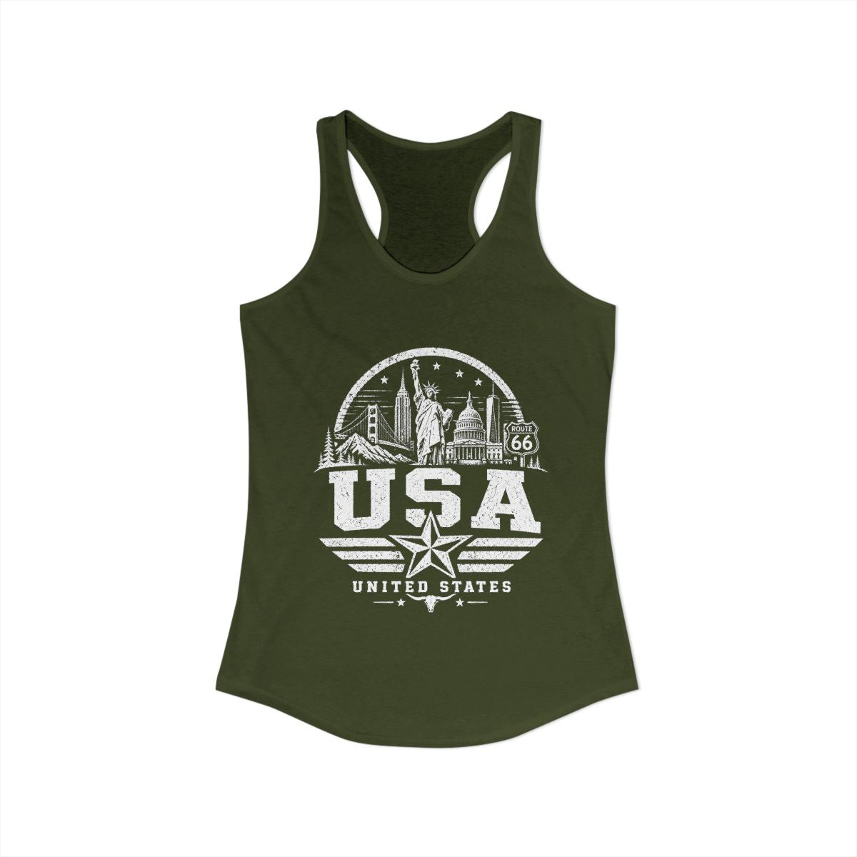 USA Vintage Landmarks Women's Tank Top — Solid Military Green (front)