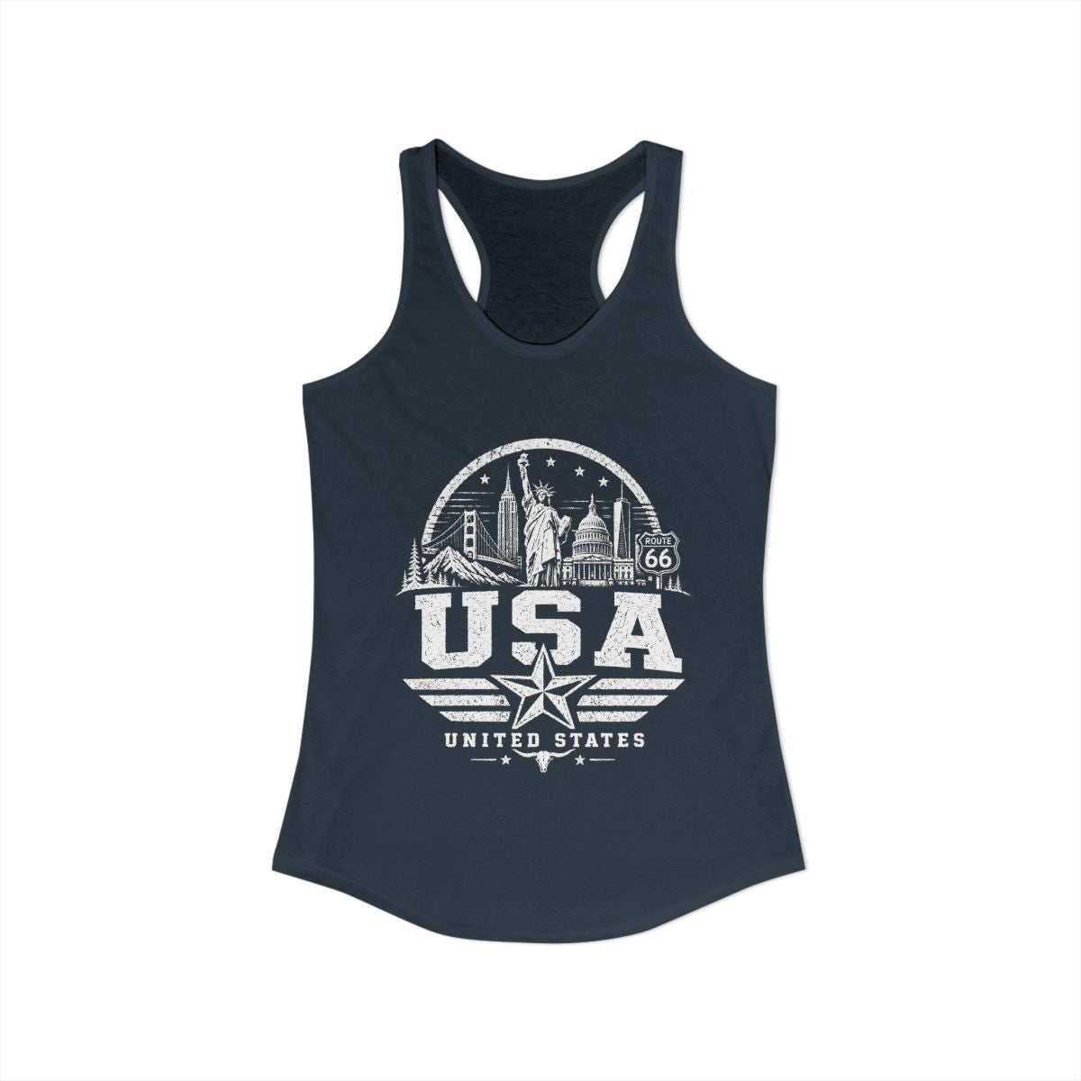 USA Vintage Landmarks Women's Tank Top — Solid Indigo (front)